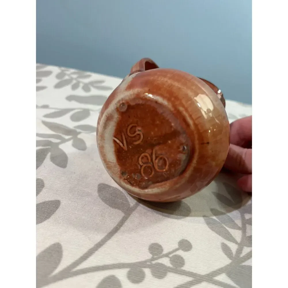 Hand Thrown Studio Pottery Creamer Brown Flambe Glaze Pitcher Signed 1986